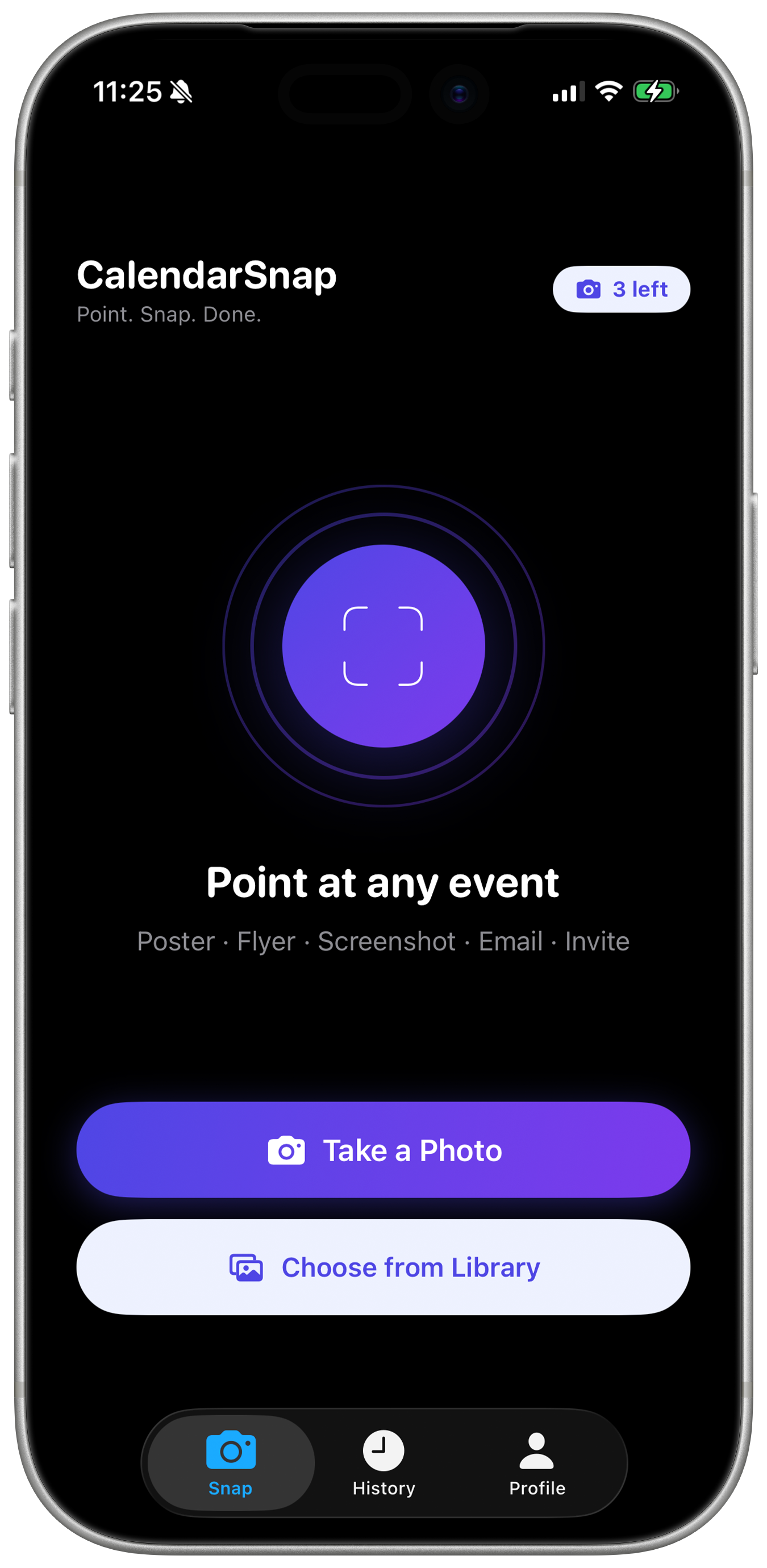 CalendarSnap iOS app home screen — snap events to calendar